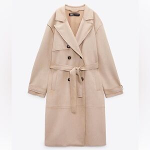 Zara Faux Suede Long Trench Coat - Camel Beige Color